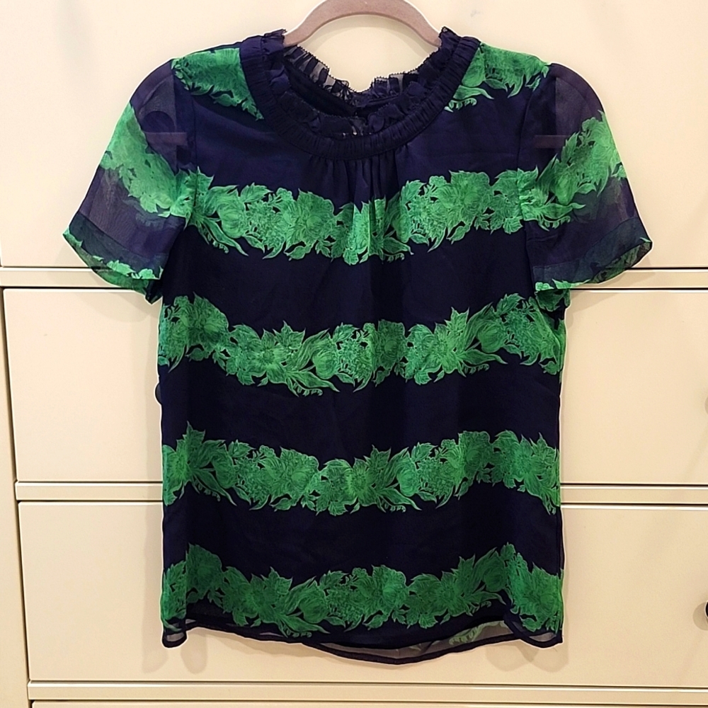 JCrew blue and green silky (soie fabric) top, size 2